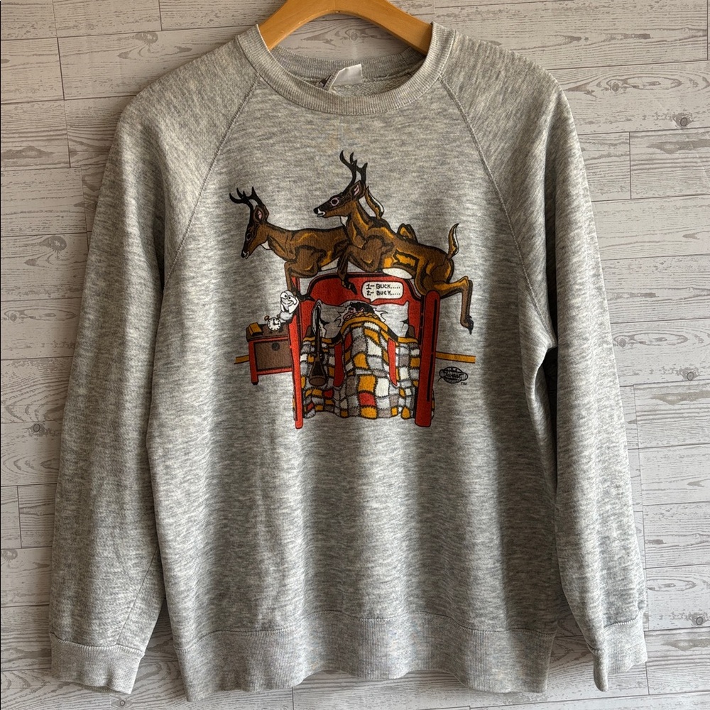Vintage 1980s Hunting Counting Deer Camp Buck Sweatshirt Cabincore XL Made USA